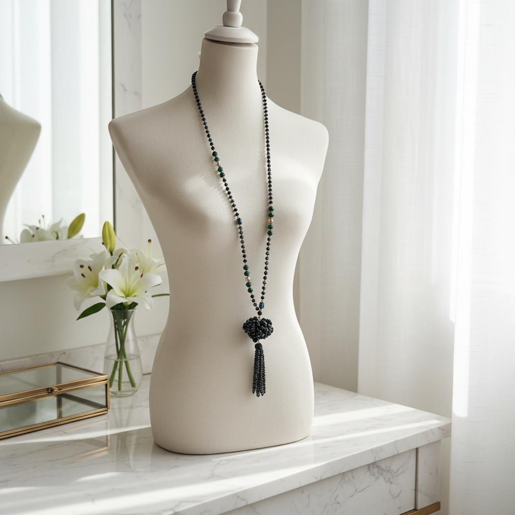 Collier Long Perles Noires Vertes | Pendentif Cœur Élégant | Da Cinzia