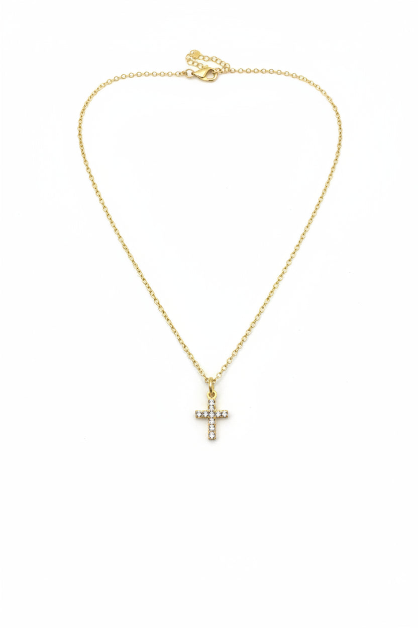 Collier pendentif croix strass Ikita – Acier inoxydable doré