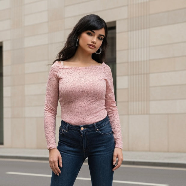 Women's lace boat neck long-sleeved top – 2 colors