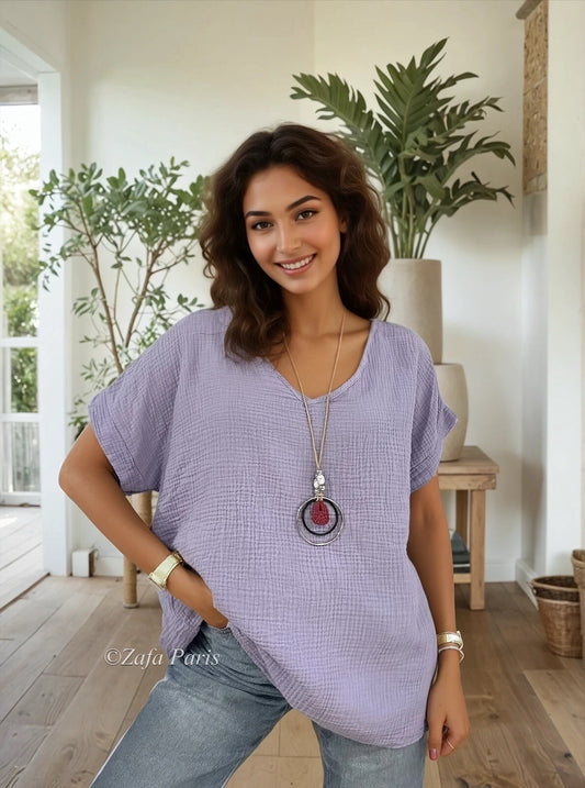 Top Gaz de Coton Col V + Collier Offert – Collection PS/ÉTÉ 2026