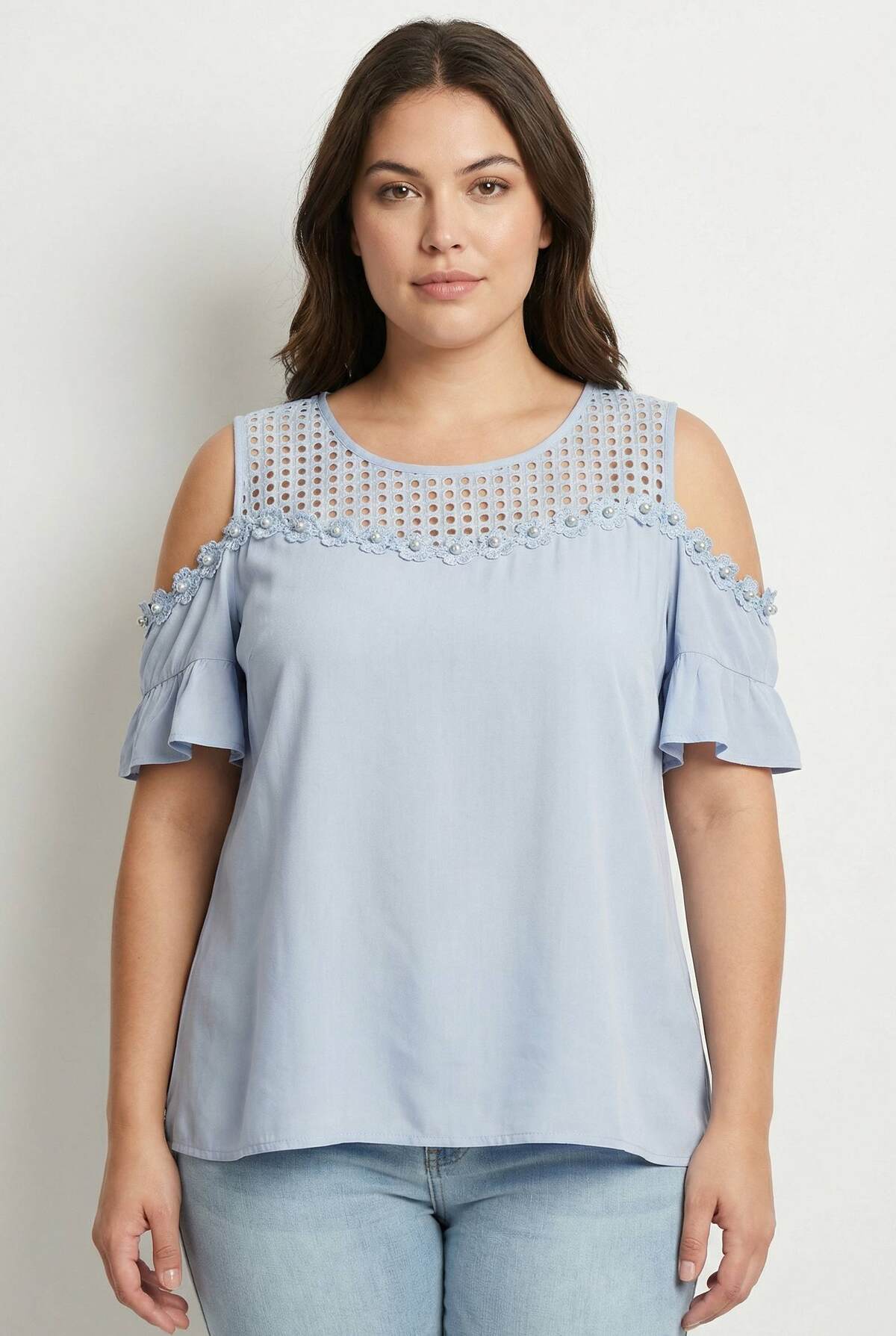 Top Bleu Grande Taille Ajouré Épaules Dénudées & Perles | Réf. PA958