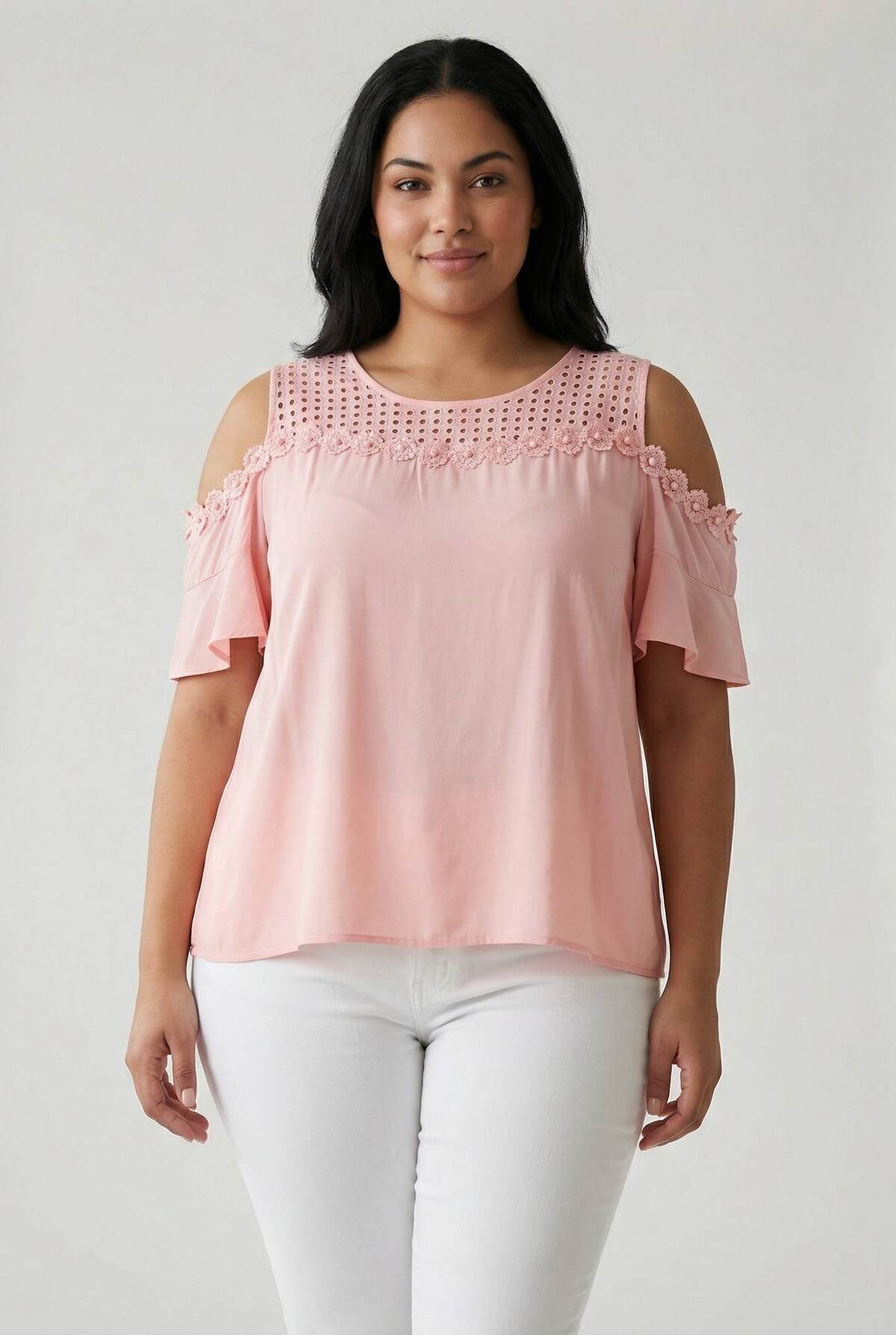 Top Rose Grande Taille Ajouré Épaules Dénudées & Perles | Réf. PA958