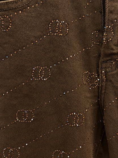 Jean strass doré Stellina chocolat détail strass motif all-over gros plan