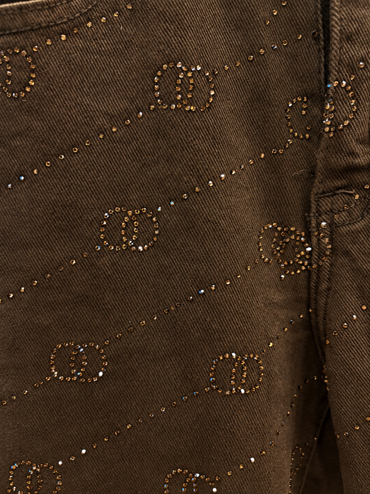 Jean strass doré Stellina chocolat détail strass motif all-over gros plan
