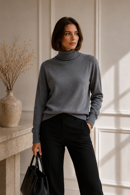 Pull Col Roulé Femme Maille Douce | Bleu Gris Classique