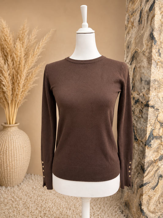 Pull boutons dorés Camia chocolat col rond taille unique Via Zoya
