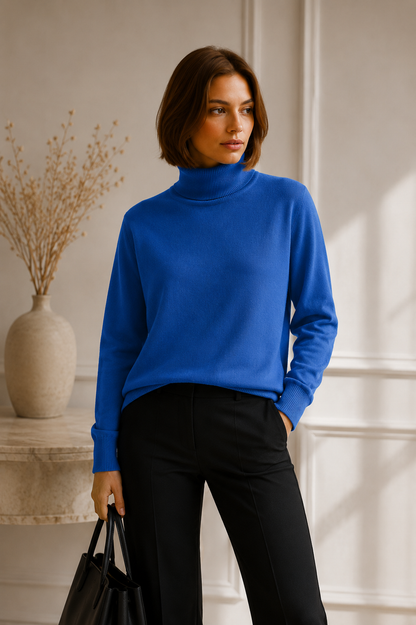Pull Col Roulé Femme Maille Douce | Bleu Gris Classique