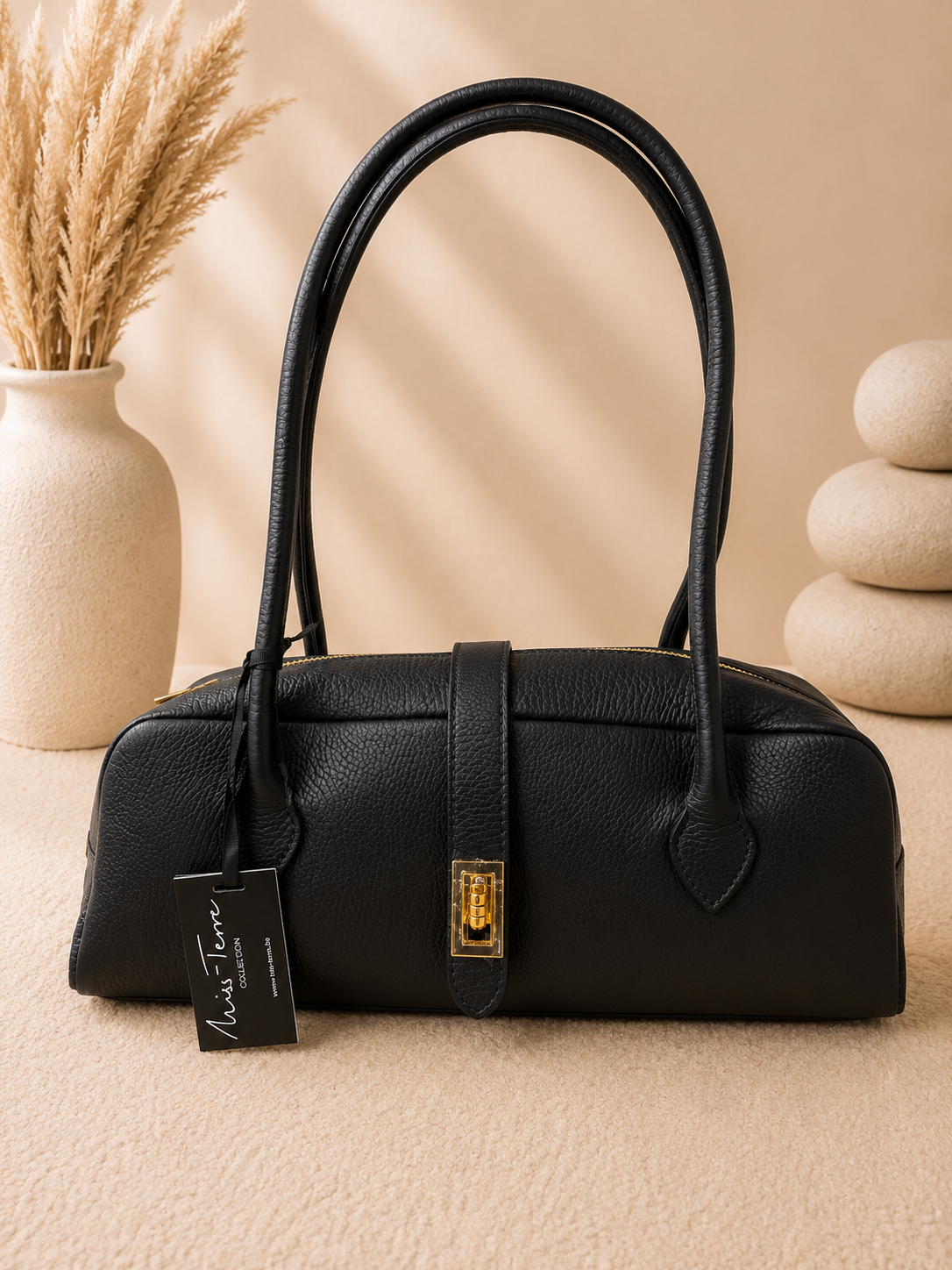 Sac Baguette Toscana Miss-Terre noir cuir grainé fermoir doré