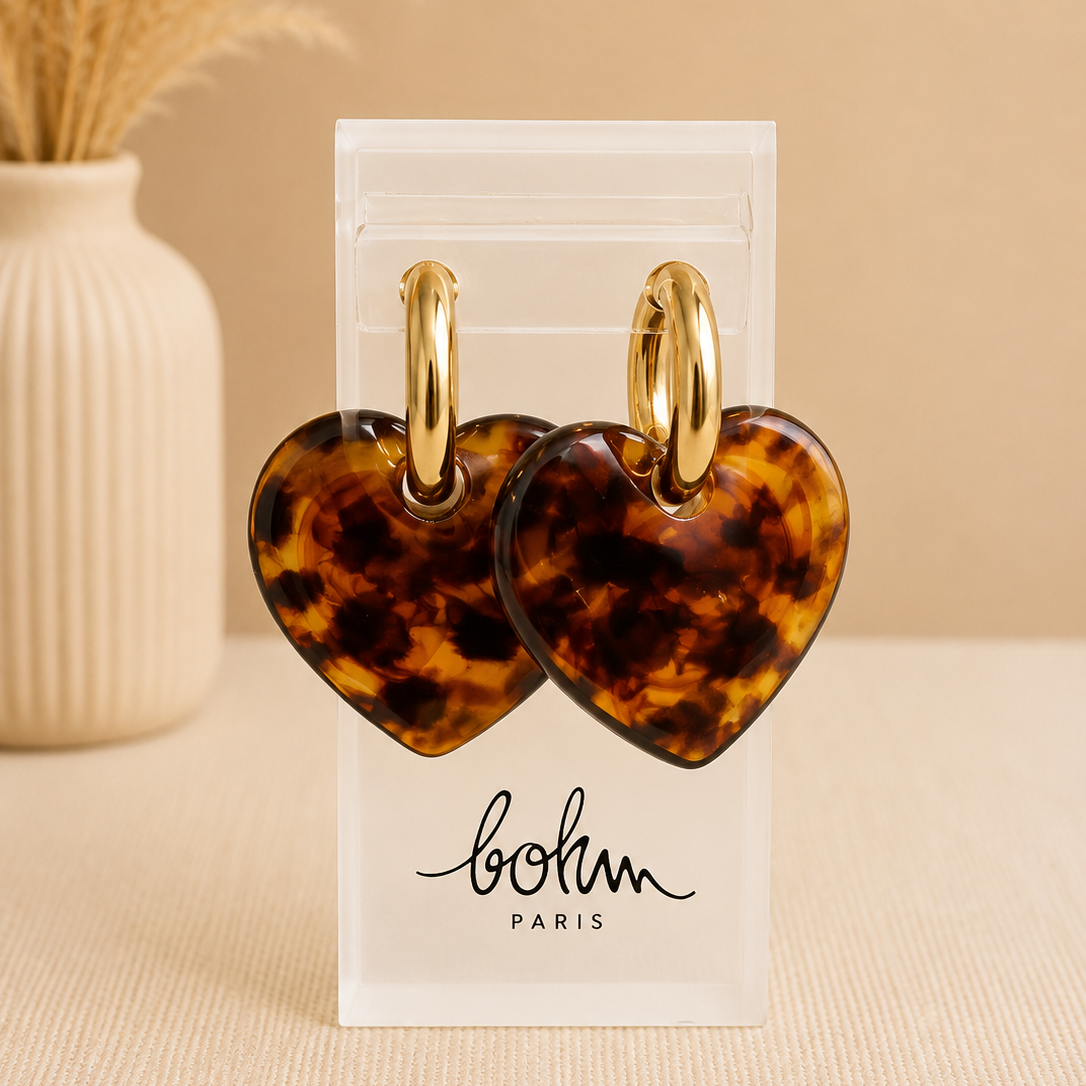 Boucles d'oreilles Tartaruga Bohm Paris - créole dorée cœur résine écaille tortue