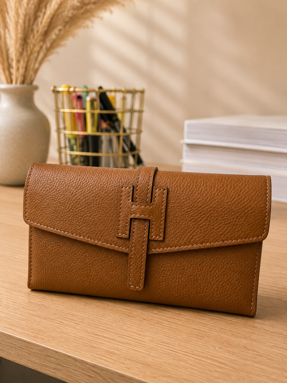 Portefeuille bandoulière Capri Miss-Terre cognac cuir grainé fermoir H