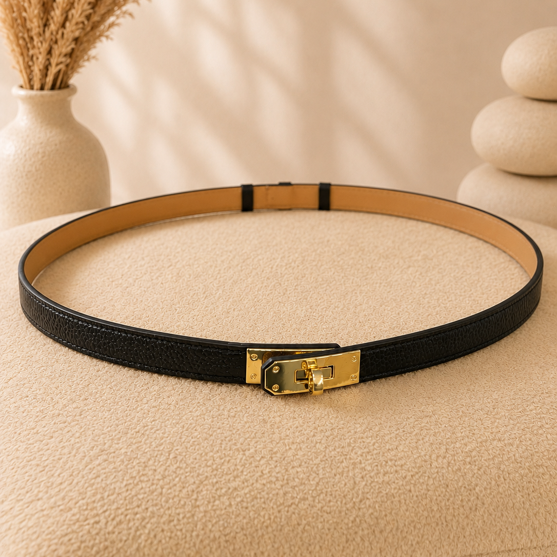 Ceinture cuir noir boucle dorée Kelly Vera Pelle Made in Italy