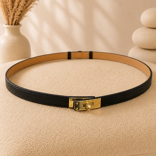 Ceinture cuir noir boucle dorée Kelly Vera Pelle Made in Italy