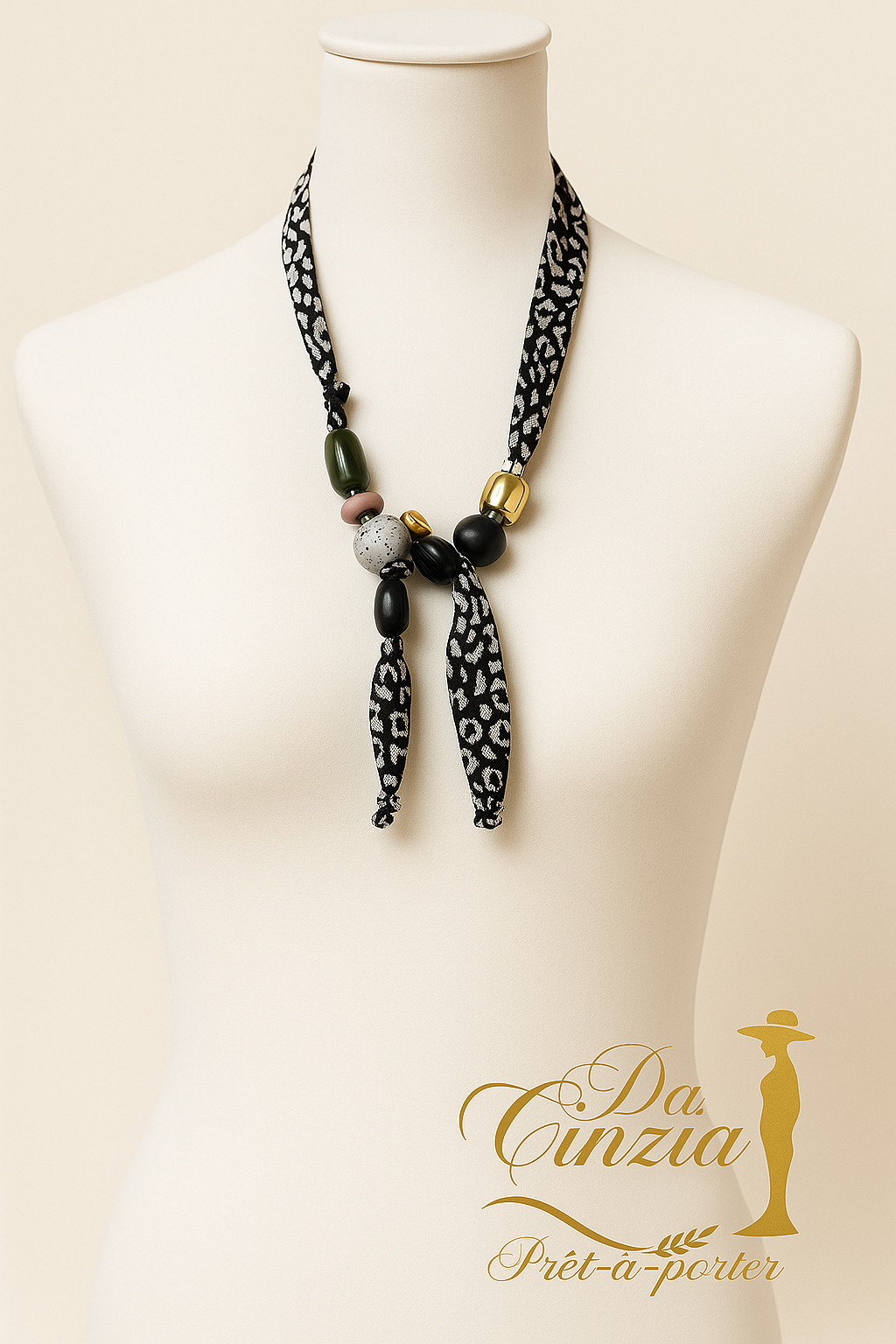 Collier Tissu Léopard Perles Femme | Bijou Moderne Original | Da Cinzia