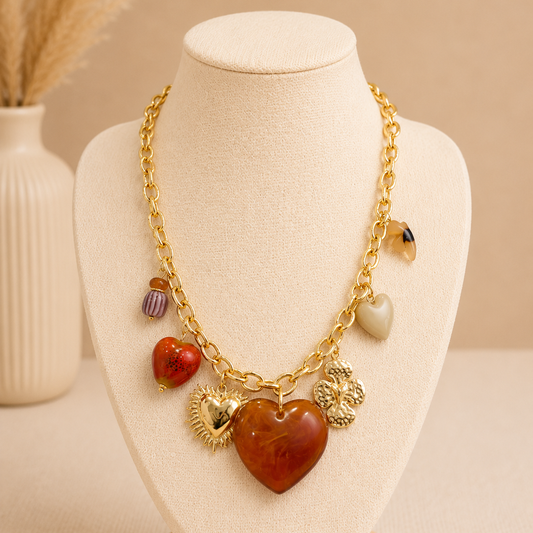 Collier Cuore Bohm Paris - breloques dorées cœur terracotta résine