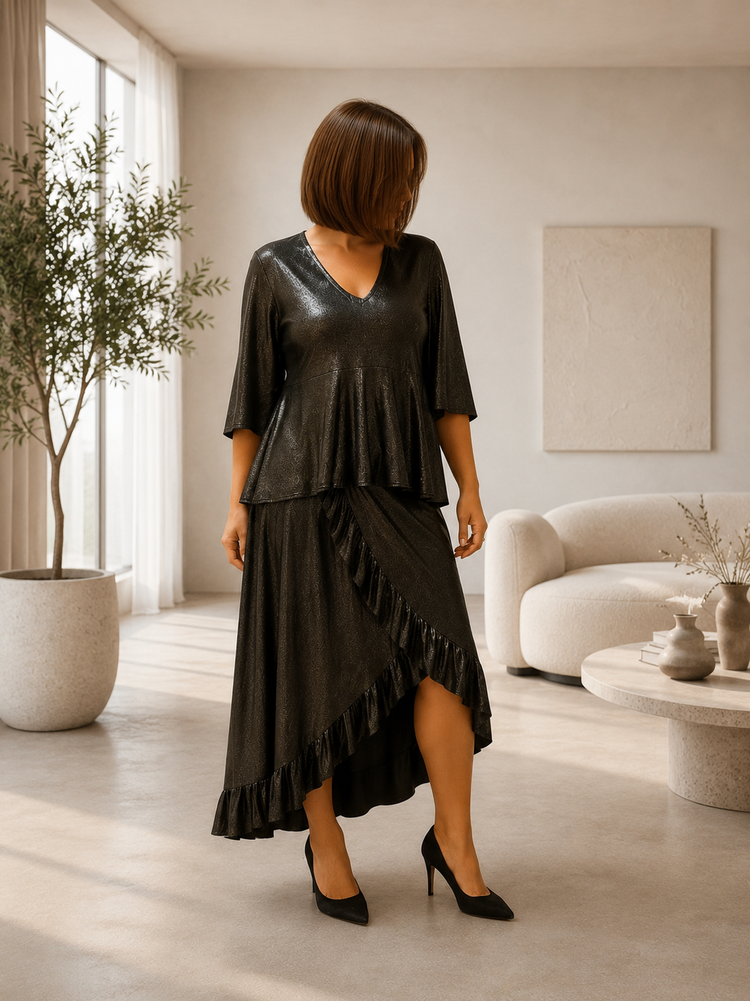 Ensemble Femme 2 Pièces Cérémonie | Jupe Blouse Métallisée