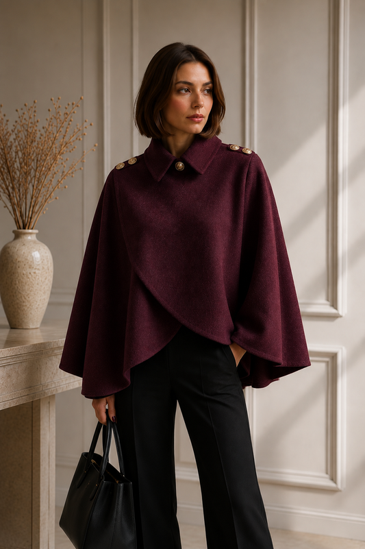 Poncho Femme Fluide Boutons Épaules | Marron Aubergine Chic