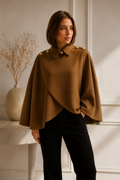 Poncho Femme Fluide Boutons Épaules | Marron Aubergine Chic
