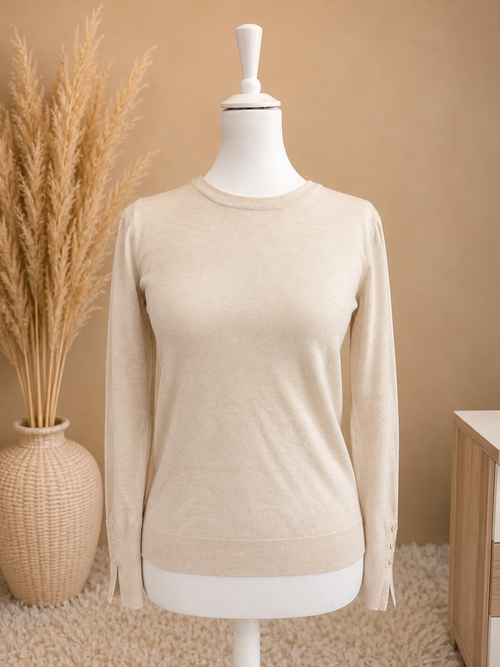 Pull boutons dorés Camia beige col rond taille unique Via Zoya