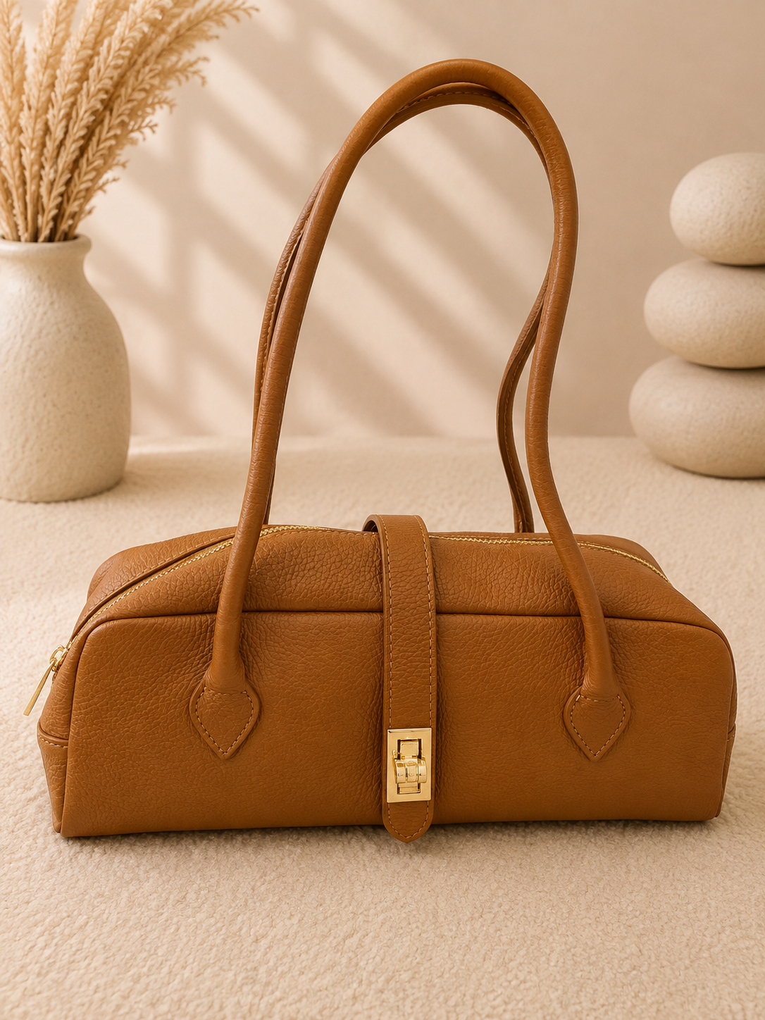 Sac Baguette Toscana Miss-Terre camel cuir grainé twist-lock