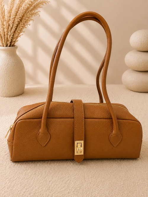 Sac Baguette Toscana Miss-Terre camel cuir grainé twist-lock