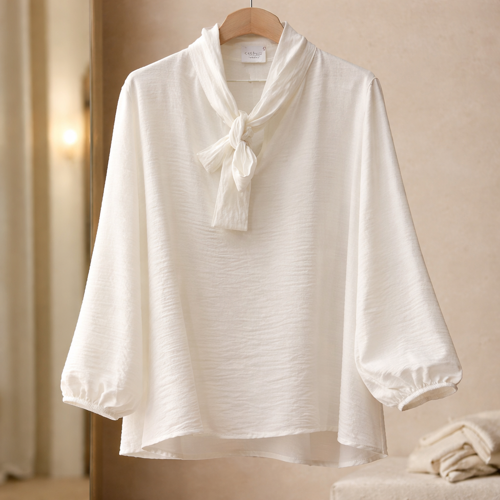 Blouse Blanche Nœud Lavallière & Manches Bouffantes | Taille Unique 36-42 | Cas Cara