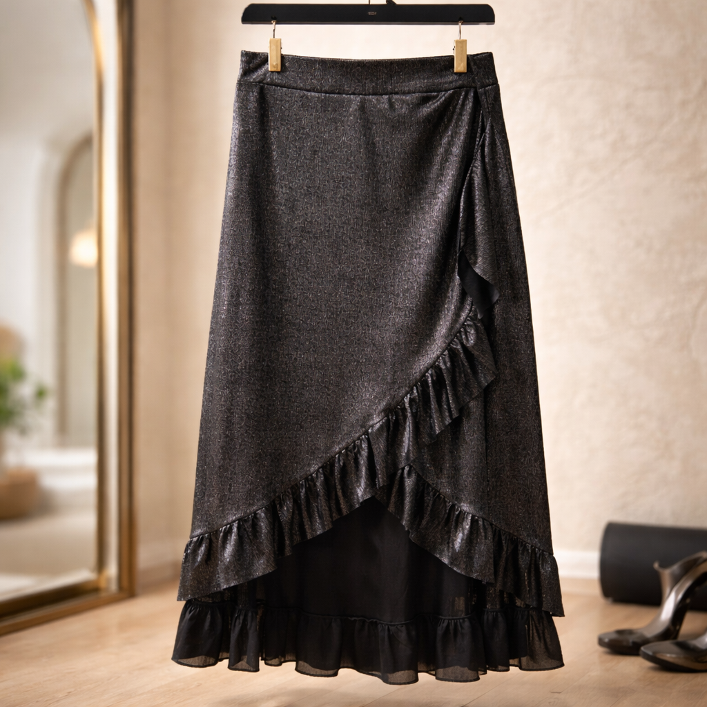 Jupe Portefeuille Noire Volants & Reflets Dorés – Taille Unique 36-42 | Soirée | Da Cinzia