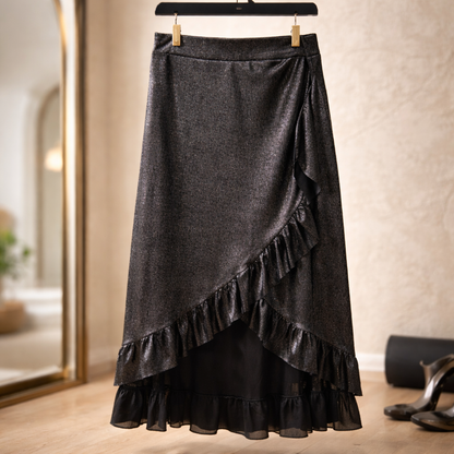 Jupe Portefeuille Noire Volants & Reflets Dorés – Taille Unique 36-42 | Soirée | Da Cinzia
