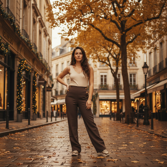 Pantalon Marron Chocolat Femme Boutons Décoratifs | Coupe Élégante