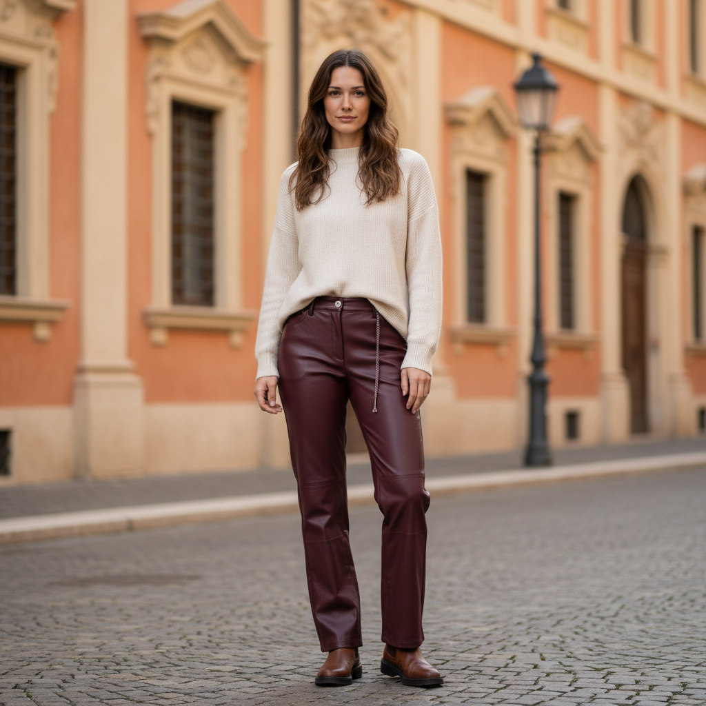 Pantalon Simili Cuir Aubergine Femme | Coupe Droite Tendance