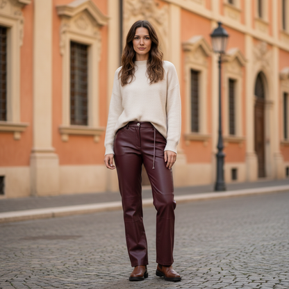 Pantalon Simili Cuir Aubergine Femme | Coupe Droite Tendance | Da Cinzia