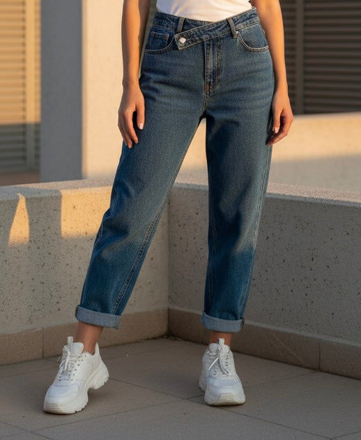 Jean Femme Taille Haute Croisée Stretch | Coupe Moderne | Da Cinzia