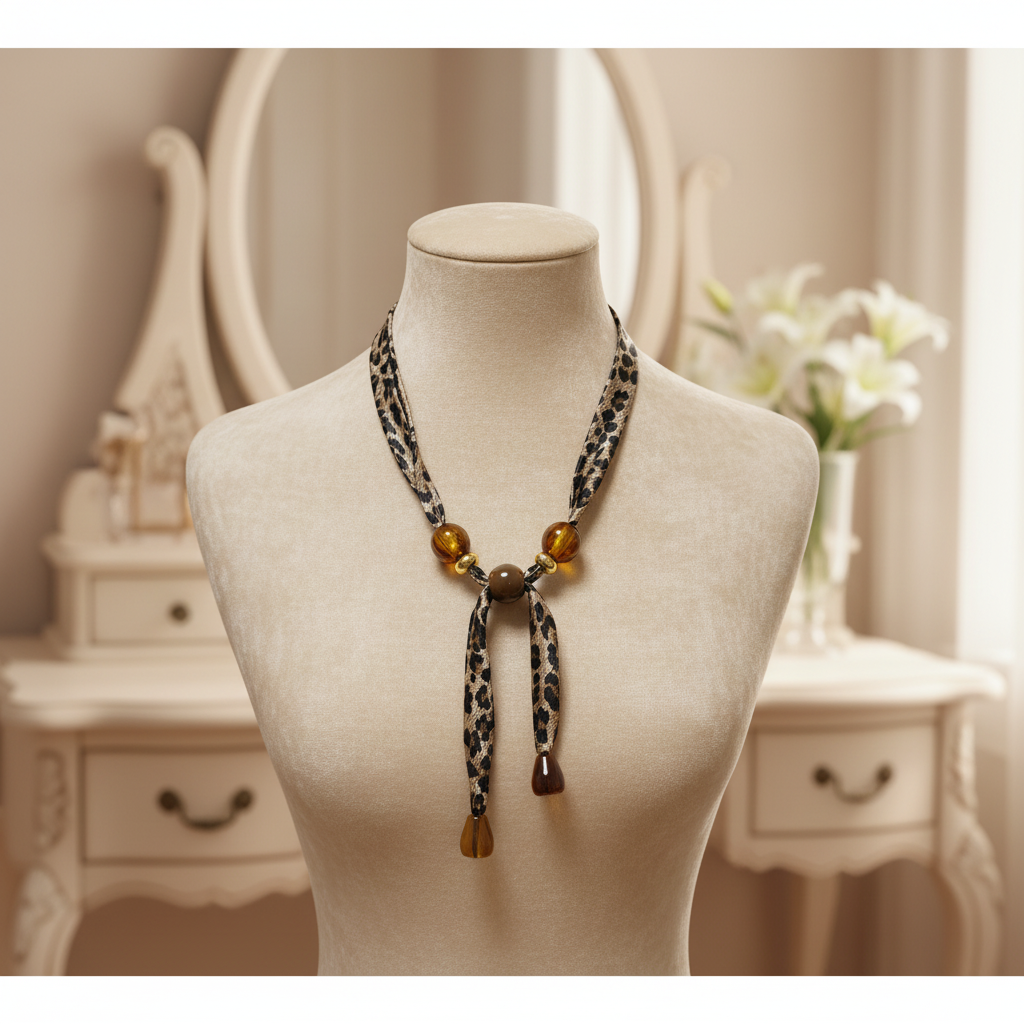 Collier Tissu Léopard Perles Femme | Bijou Moderne Original | Da Cinzia