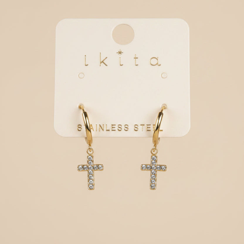 Boucles d'oreilles créoles croix strass Ikita – Acier inoxydable doré