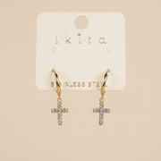Boucles d'oreilles créoles croix strass Ikita – Acier inoxydable doré