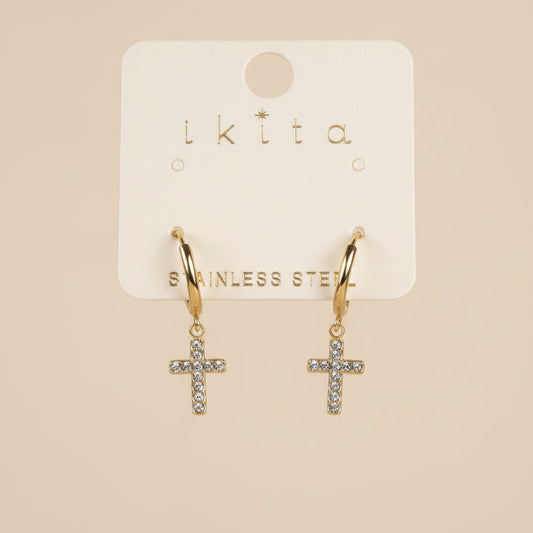 Boucles d'oreilles créoles croix strass Ikita – Acier inoxydable doré