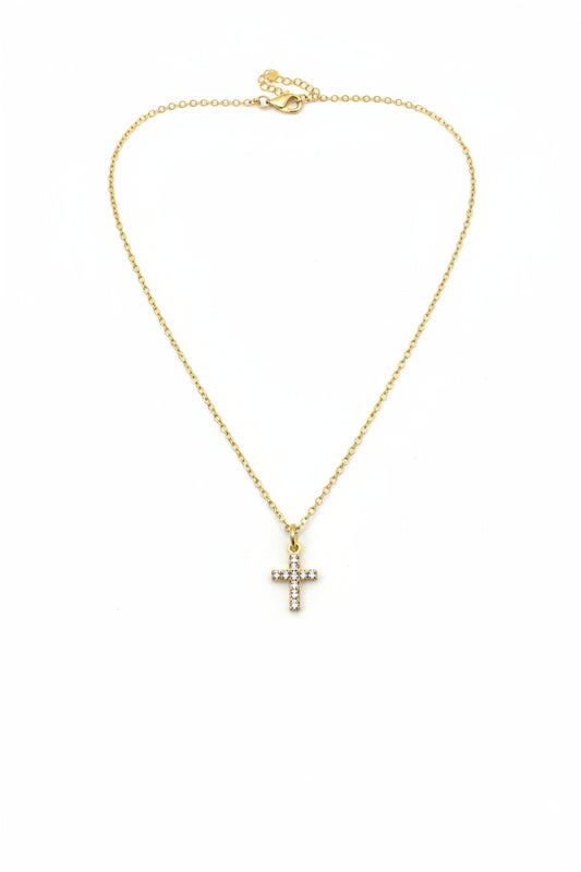 Collier pendentif croix strass Ikita – Acier inoxydable doré