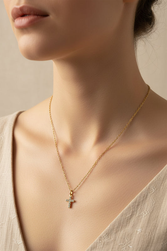 Collier pendentif croix strass Ikita – Acier inoxydable doré