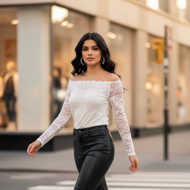 Women's lace boat neck long-sleeved top – 2 colors