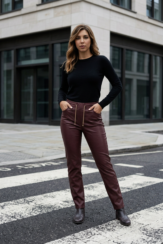 Pantalon Simili Cuir Aubergine Femme | Coupe Droite Tendance