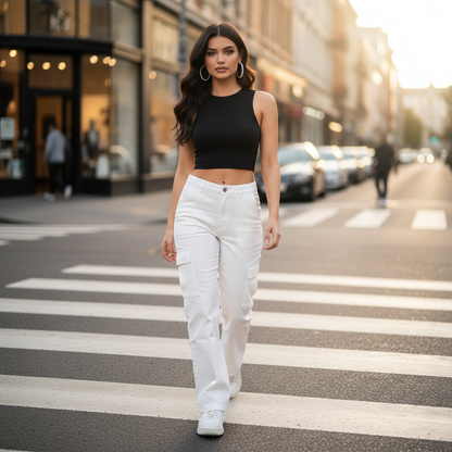 Pantalon Cargo Femme | Style Urbain Blanc & Beige Sable | Da Cinzia