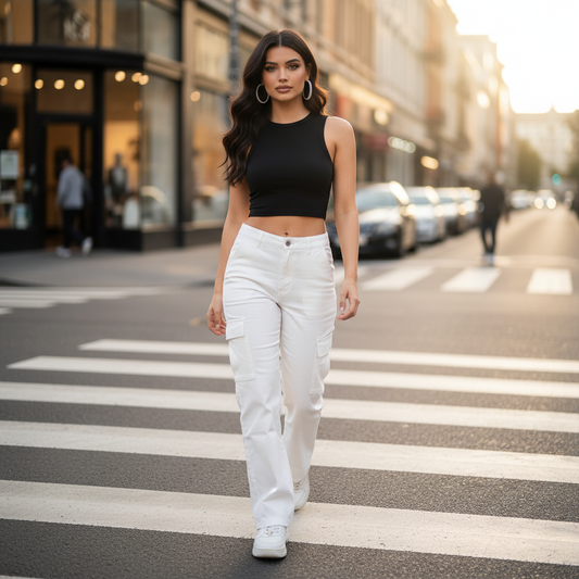 Pantalon Cargo Femme | Style Urbain Blanc & Beige Sable