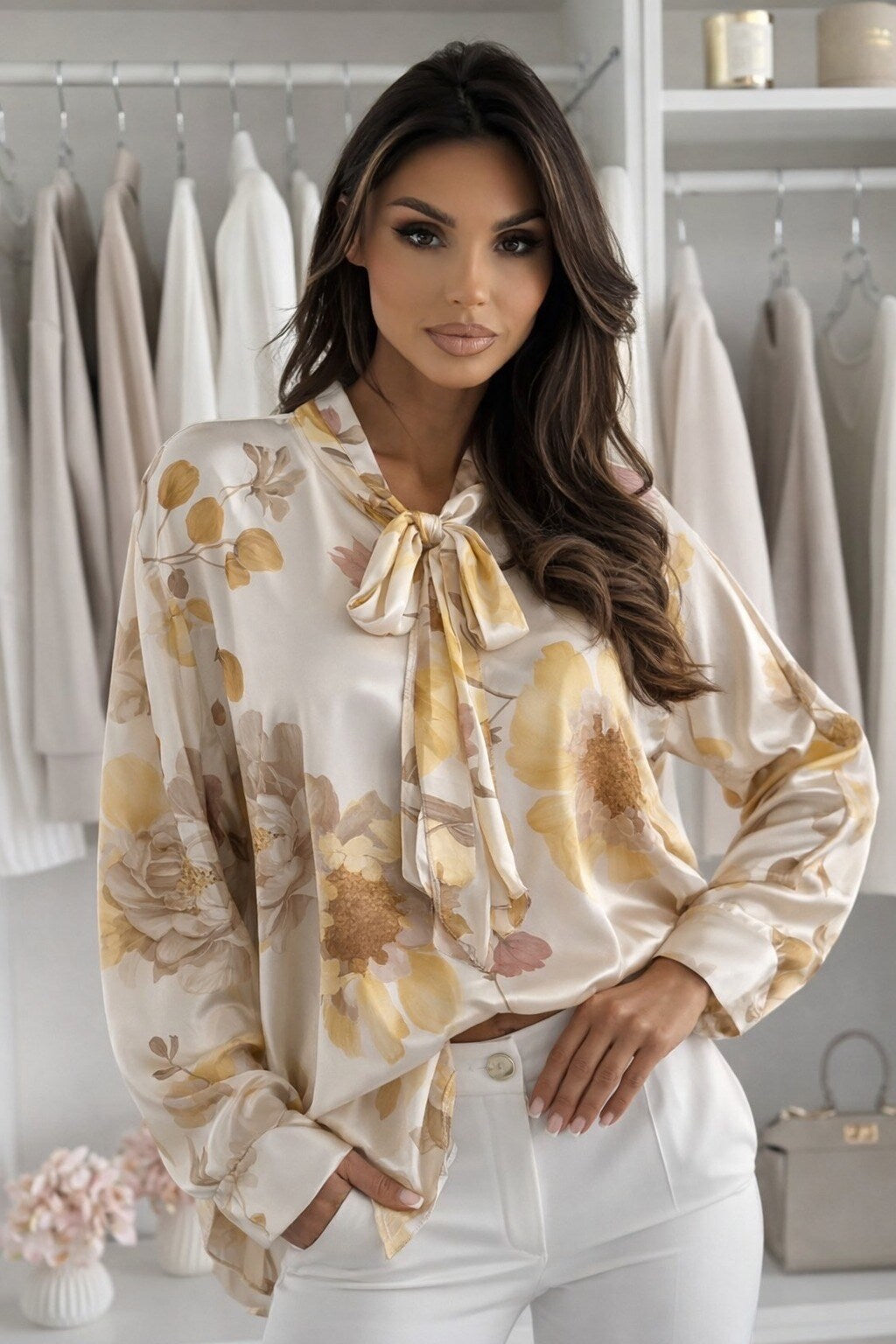 Blouse Col Lavallière Satiné Imprimé Fleuri — FORCYMA