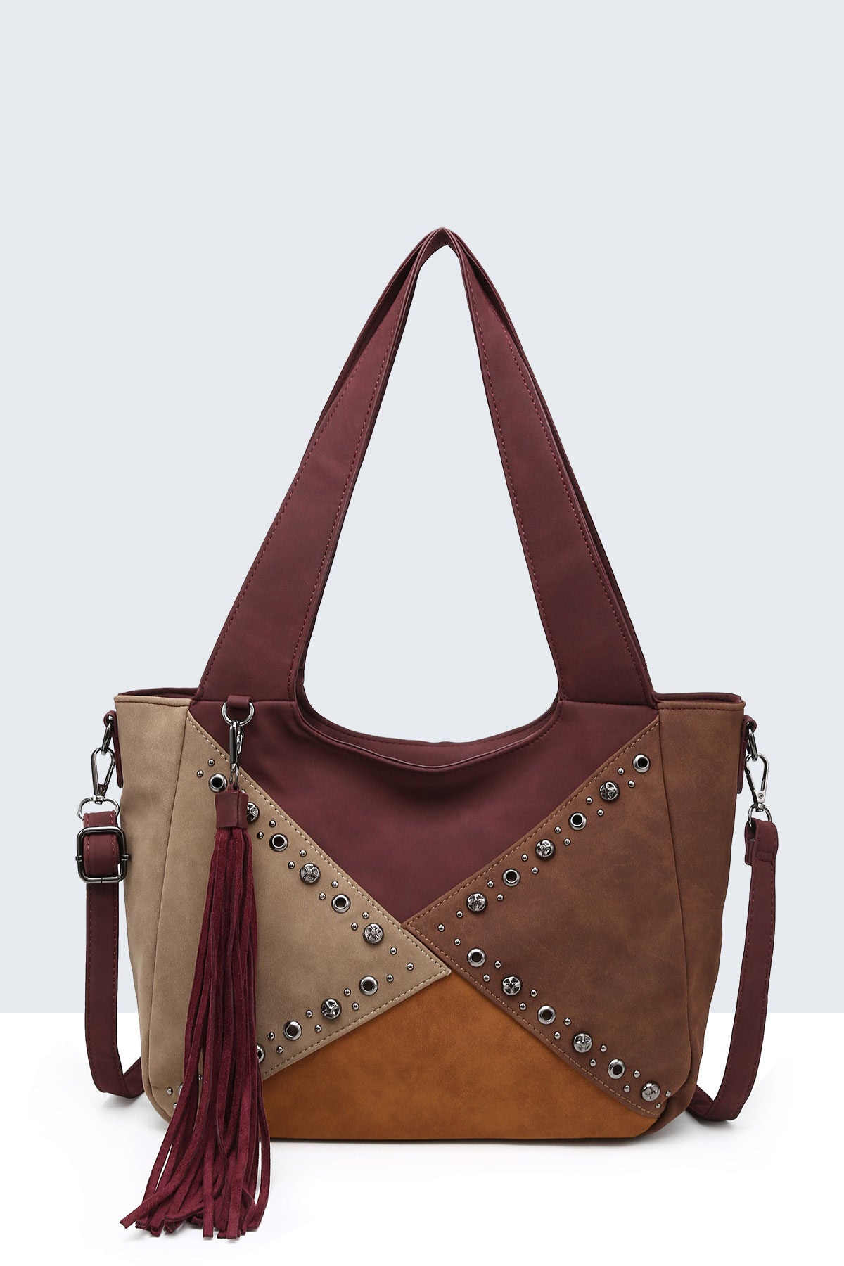Sac Nubuck Patchwork Clouté - Bordeaux