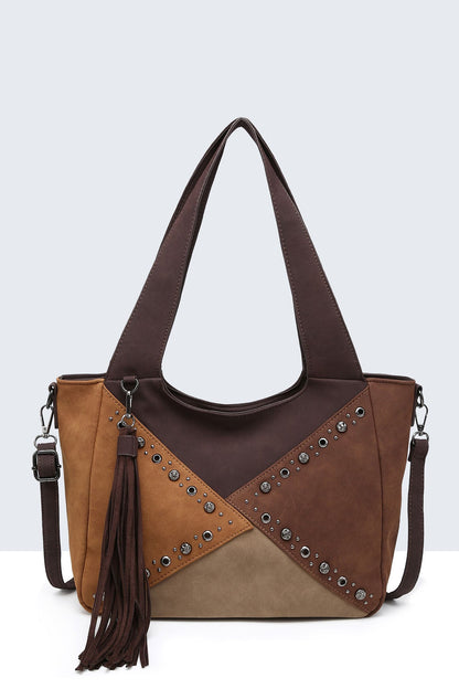 Sac Nubuck Patchwork Clouté - Brun