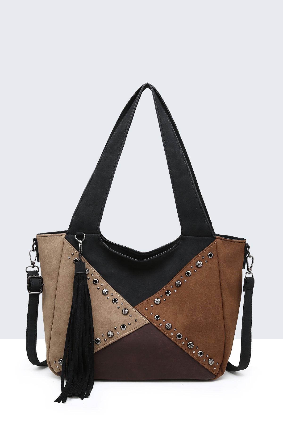 Sac Nubuck Patchwork Clouté - Noir