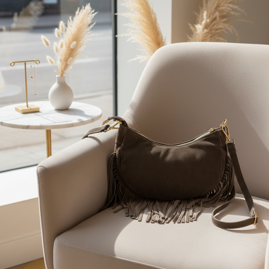 Sac Bandoulière Femme Suédine Franges | Aubergine ou Brun