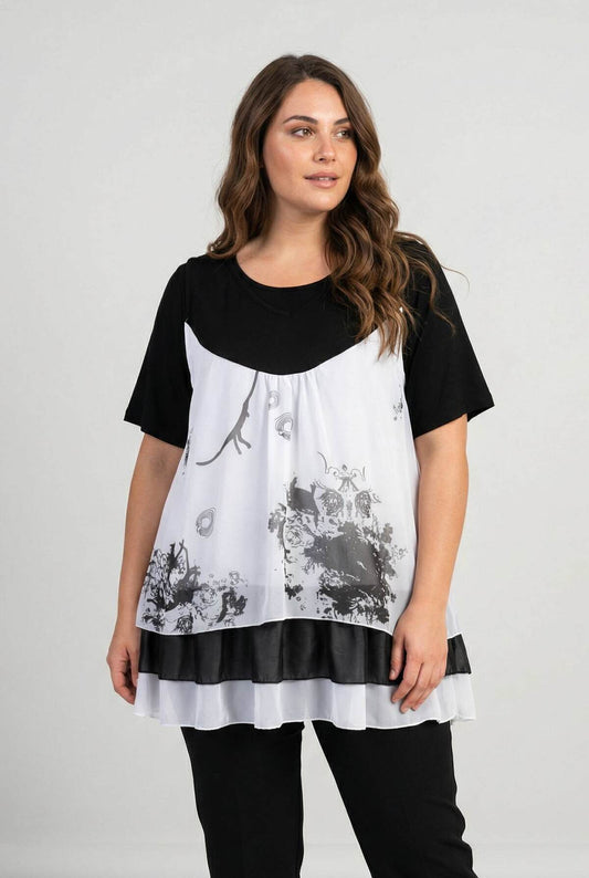 Ensemble 2 Pièces Top Imprimé Floral & T-Shirt Noir Grande Taille | Dernières Pièces
