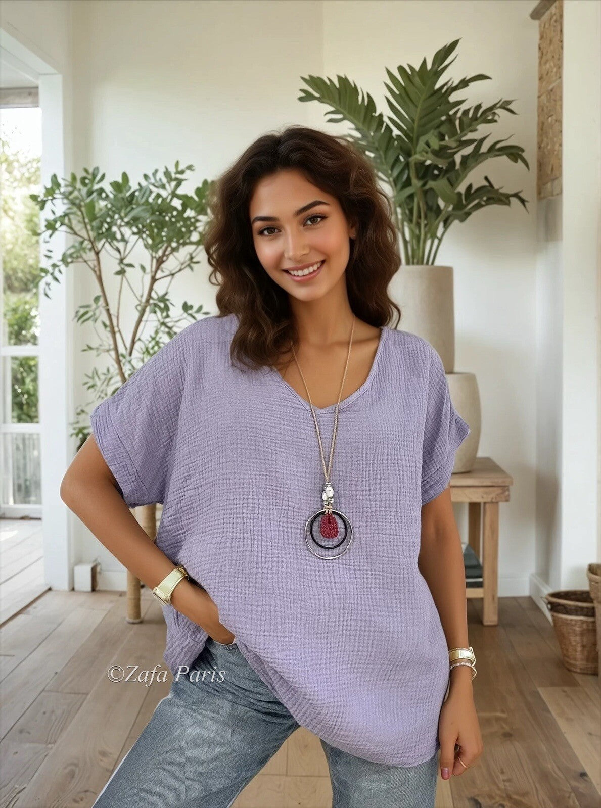 Top Gaz de Coton Col V + Collier Offert – Collection PS/ÉTÉ 2026