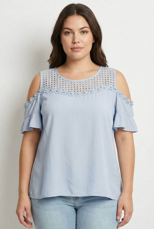 Top Bleu Grande Taille Ajouré Épaules Dénudées & Perles | Réf. PA958 | Da Cinzia