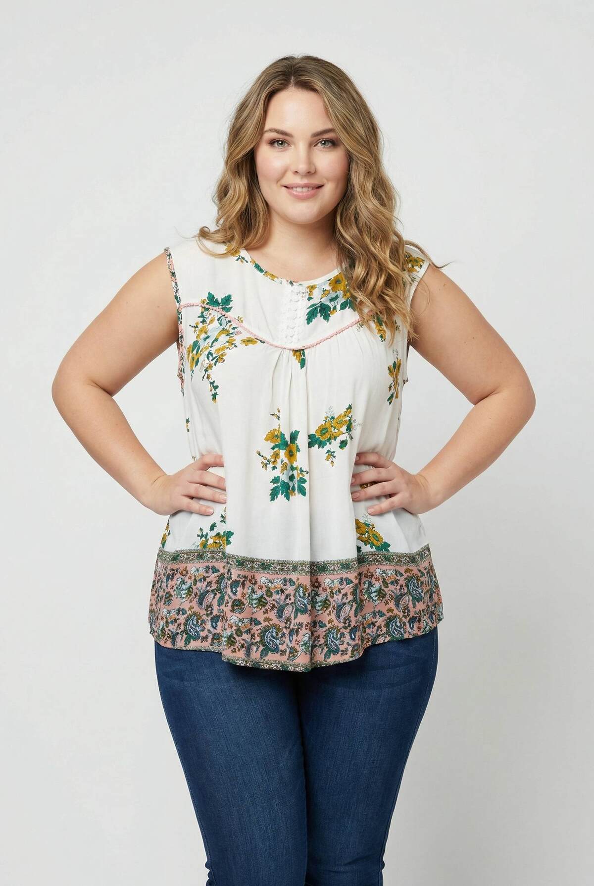 Top Grande Taille Imprimé Floral Blanc Sans Manches | Réf. PA955